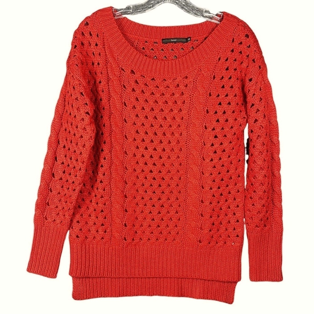 Hazel Sweater Women XS Orange Red Cable‎ Knit Pointelle Boat Neck Boho